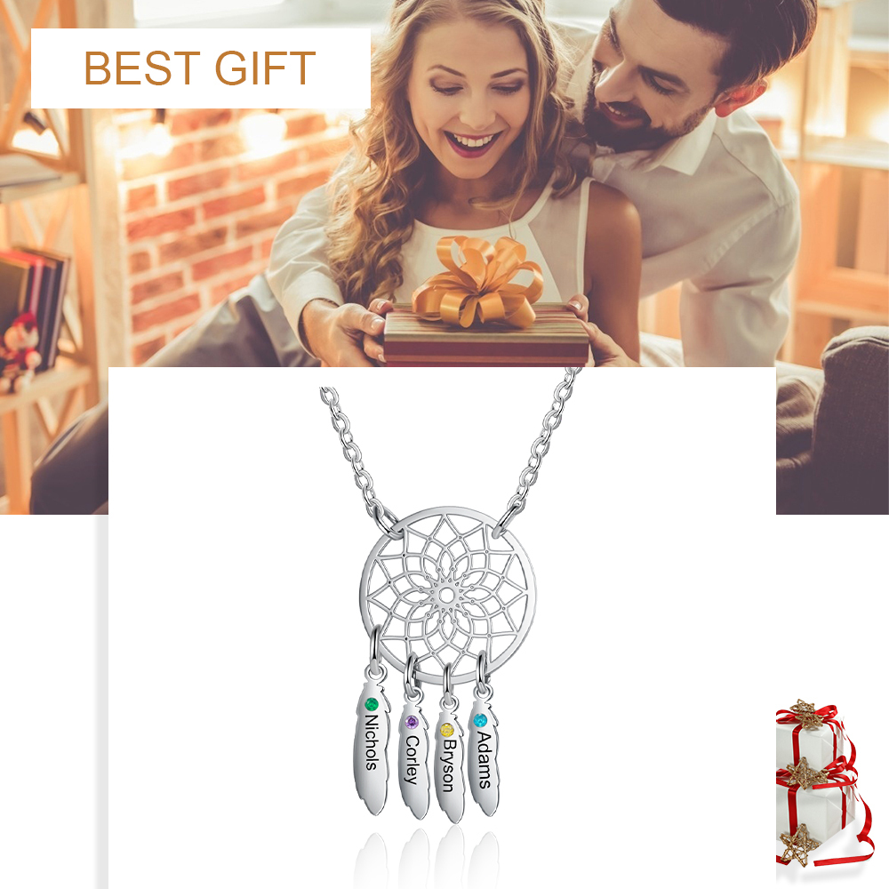 Personalised Dream Catcher Necklace With 4 Birthstones Engraved Names Gift For Women-Jessemade AU