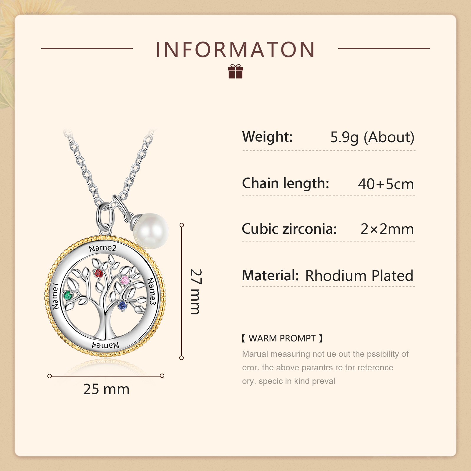 Personalised Family Tree Necklace With 4 Birthstones Engraved Names Necklace Gift For Women-Jessemade AU