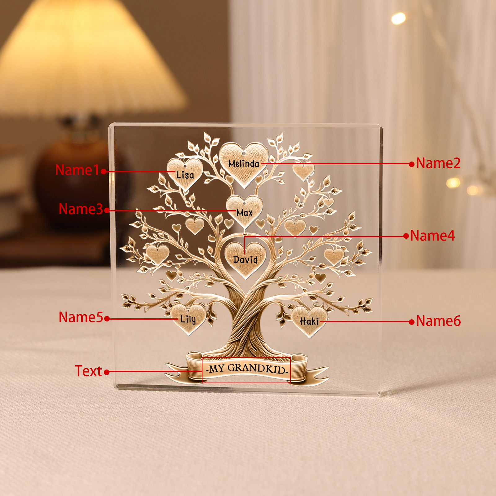 Personalised 6 Names & 1 Text Acrylic Square Keepsake Family Tree Rectangle Plaque Gifts for Father/Grandpa-Jessemade AU