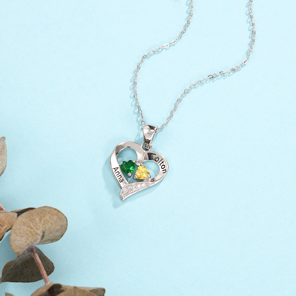 Personalised Heart Necklace With Names Custom 2 Birthstones Gifts For Women-Jessemade AU