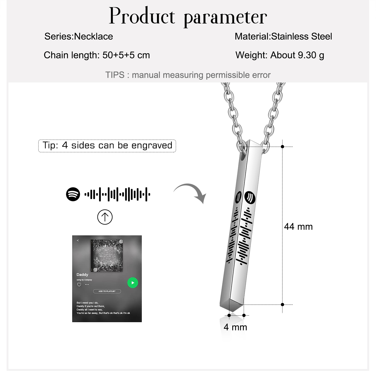 Personalised 3D Vertical Bar Necklace Customised Music Spotify Code Necklace for Her Him-Jessemade AU