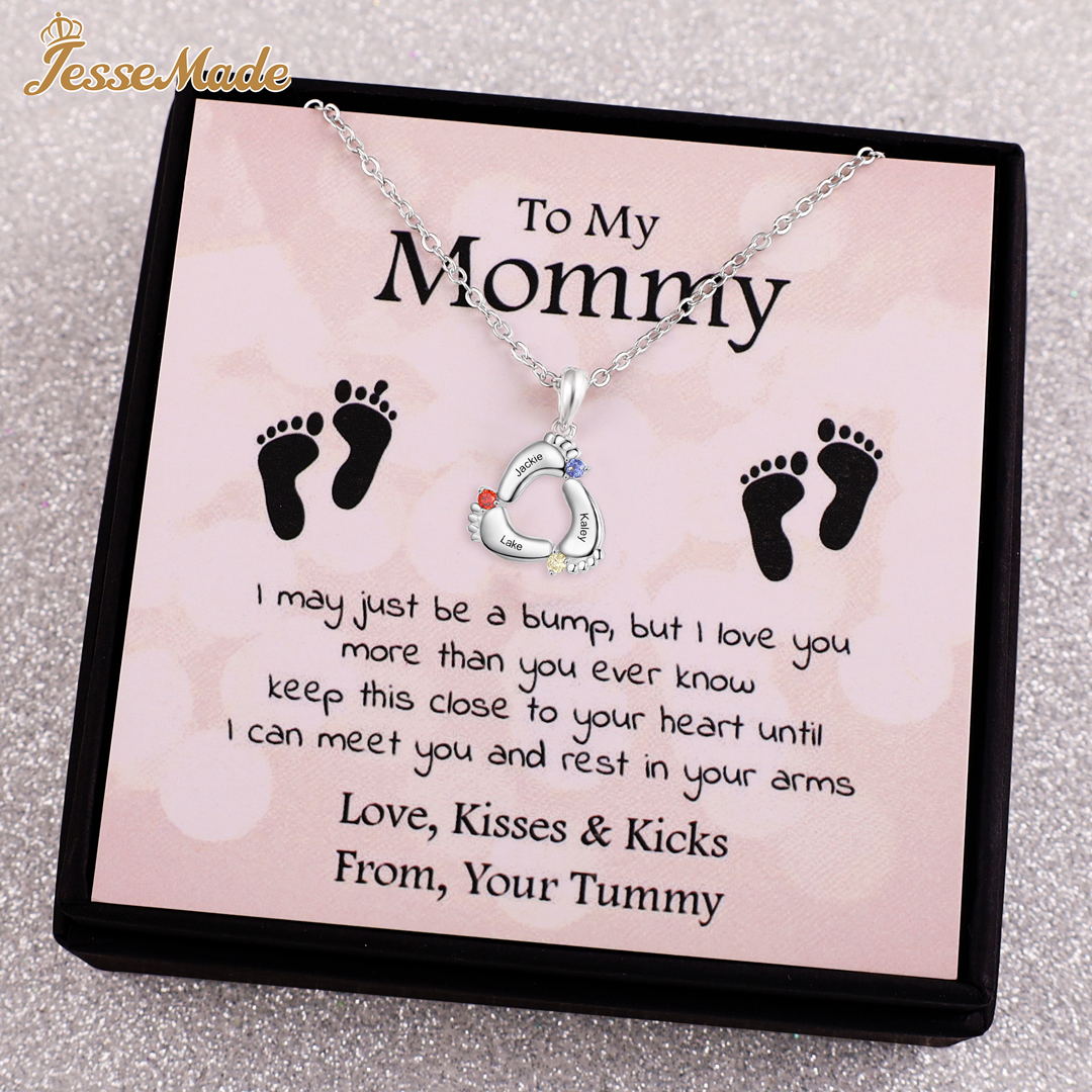 Personalised Baby Foot Necklace With 3 Birthstones Engraved Names Gift For Mother-Jessemade AU