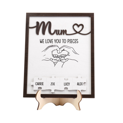 Personalised Puzzle Pieces Wooden Plaque Custom 4 Names & Text & Salutation Holding Hands Family Wooden Sign With Stand Gifts for Mum-Jessemade AU