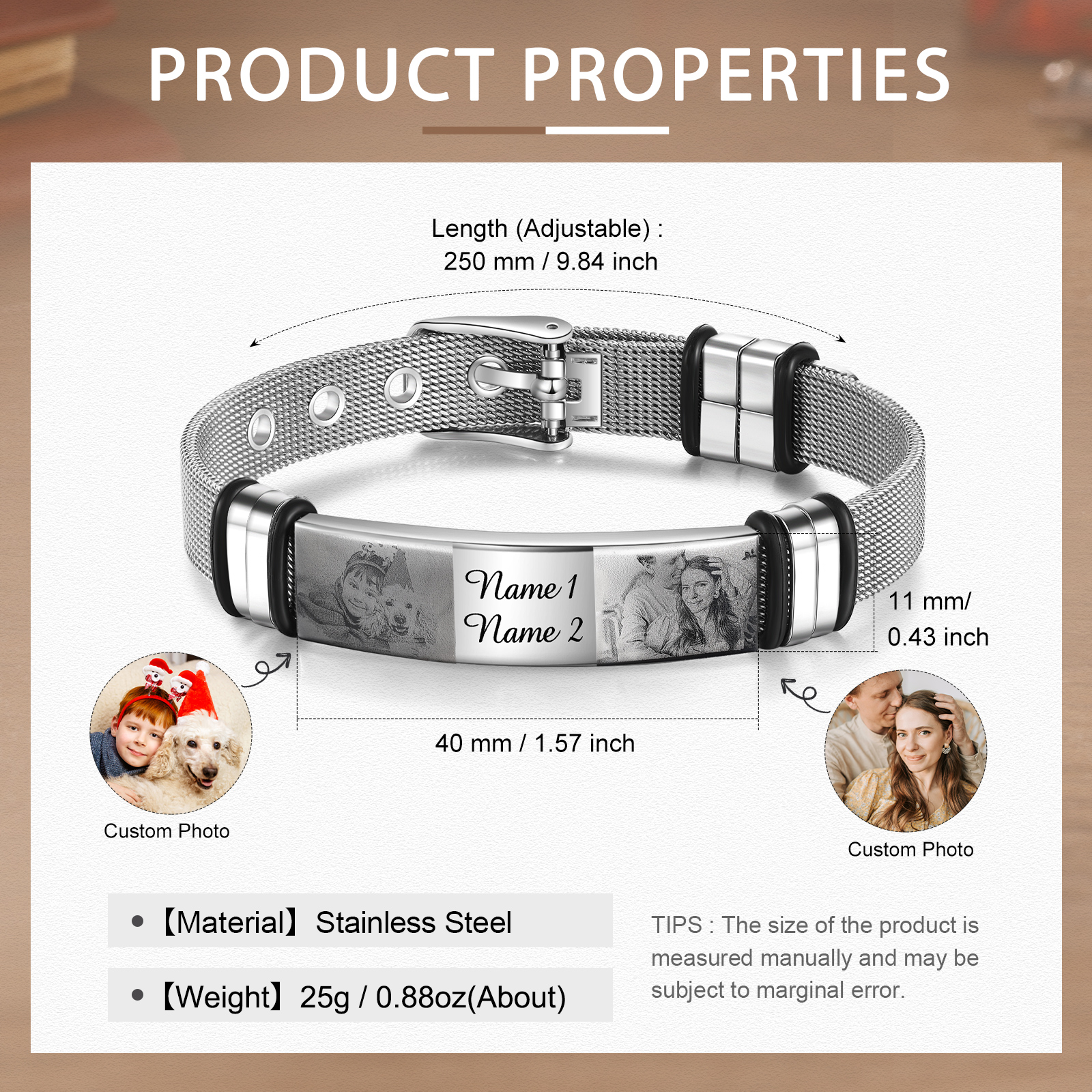 Personalised ID Bar Bracelet Engraved 2 Photos Men Women Bracelet-Jessemade AU