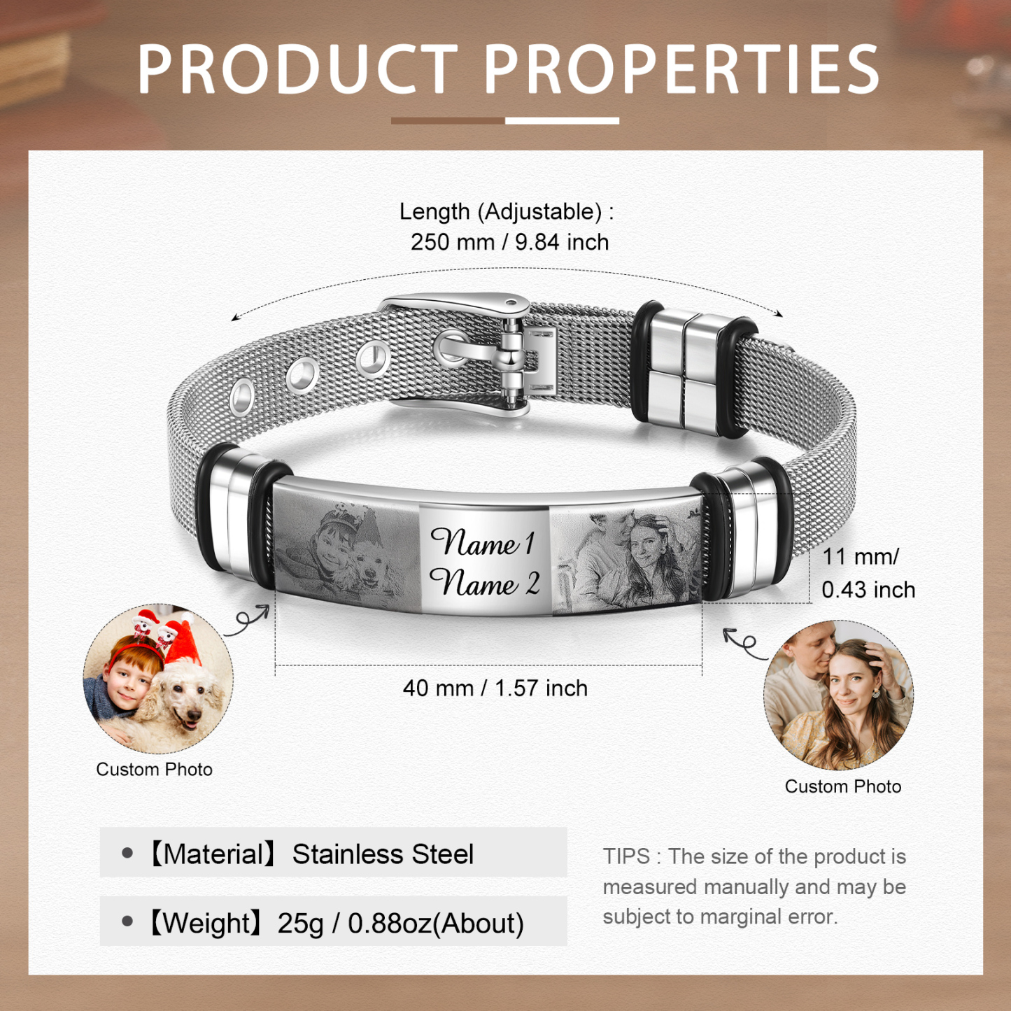 Personalised ID Bar Bracelet Engraved 2 Photos Men Women Bracelet-Jessemade AU
