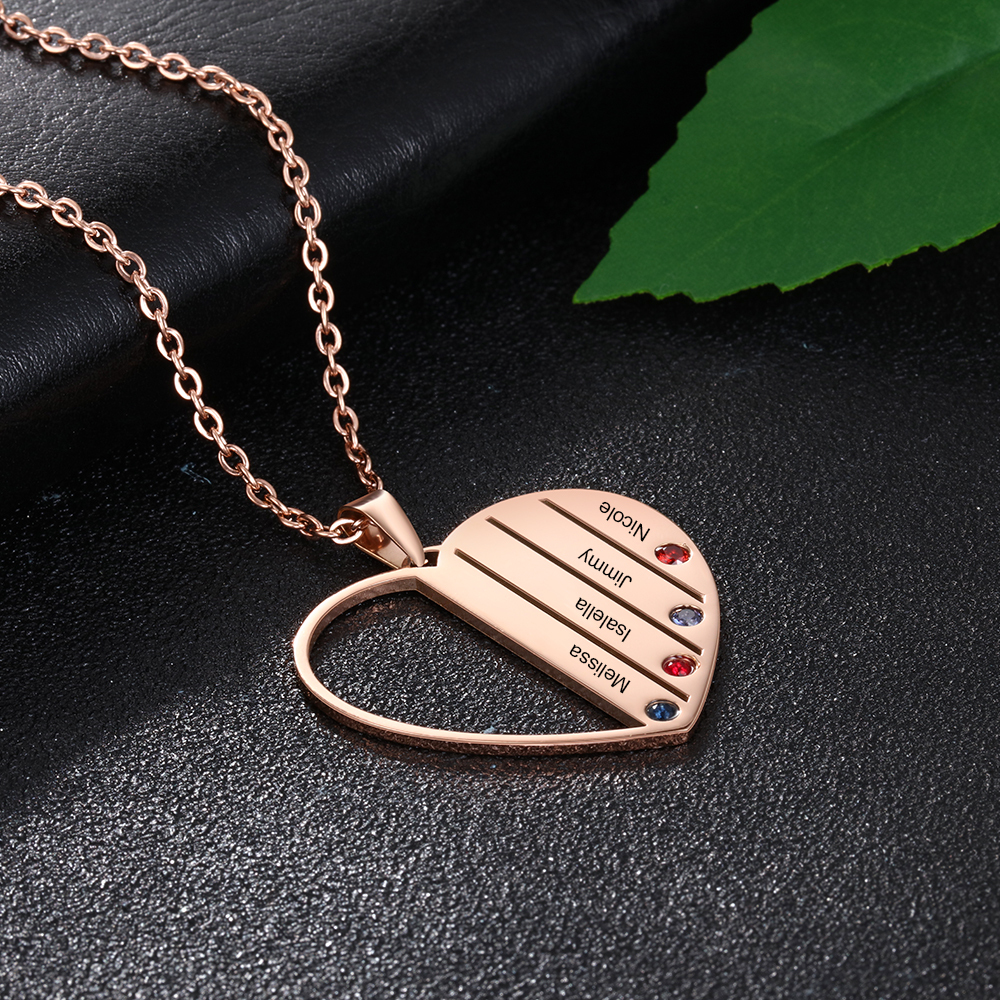 Personalised Heart Necklace With 4 Birthstones Engraved Names Gift For Her-Jessemade AU