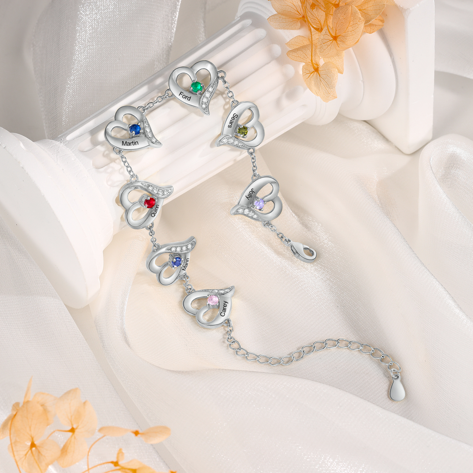 7 Names - Personalised Heart Bracelet Customised Names & Birthstones Bracelets Silver Valentine's Day Gift For Her-Jessemade AU
