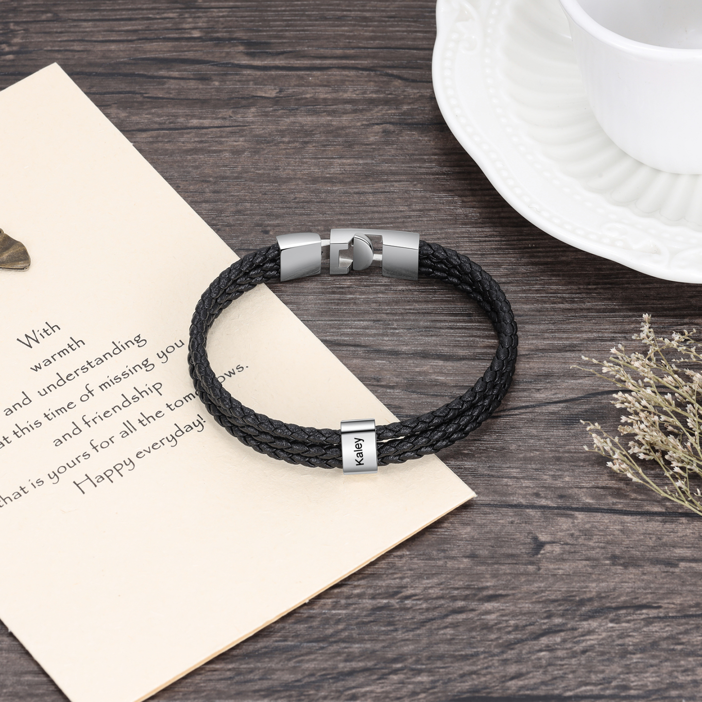 Personalised Braided Leather Bracelet Engraved 1 Name Men's Bracelet Gifts For Him-Jessemade AU