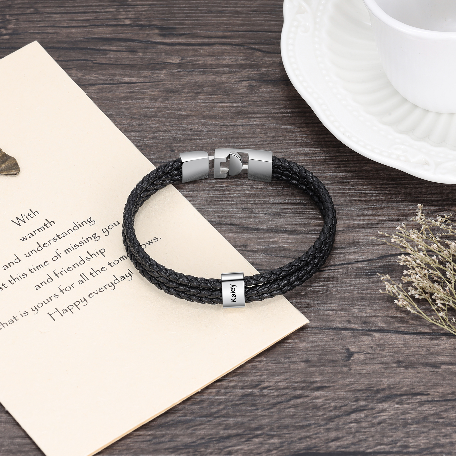 Personalised Braided Leather Bracelet Engraved 1 Name Men's Bracelet Gifts For Him-Jessemade AU
