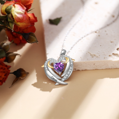 Personalised Heart Wings Necklace With 1 Birthstone Custom Names Necklace Gift For Her-Jessemade AU