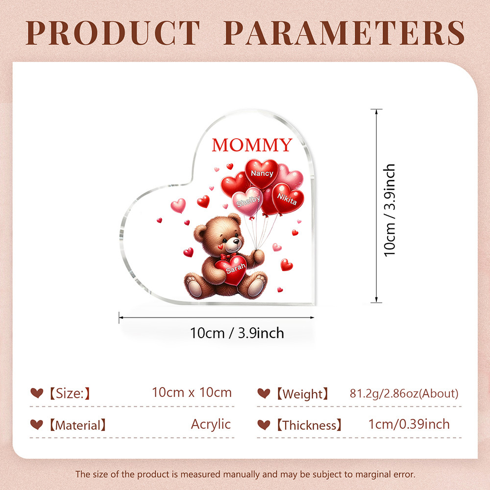 4 Names - Personalised Acrylic Heart Keepsake Custom Text Teddy Bear Balloon Ornaments Gifts for Grandma/Mother-Jessemade AU