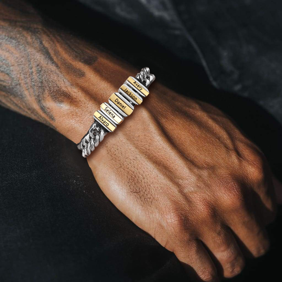 Personalised Mens Cuban Link Chain Bracelet Engraved Name 1 Bead Father's Day Gift