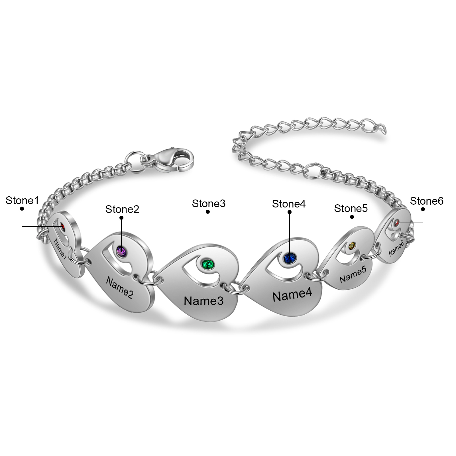 Personalised Heart Bracelet with Birthstones Custom 6 Names Family Bracelet Gifts for Her-Jessemade AU