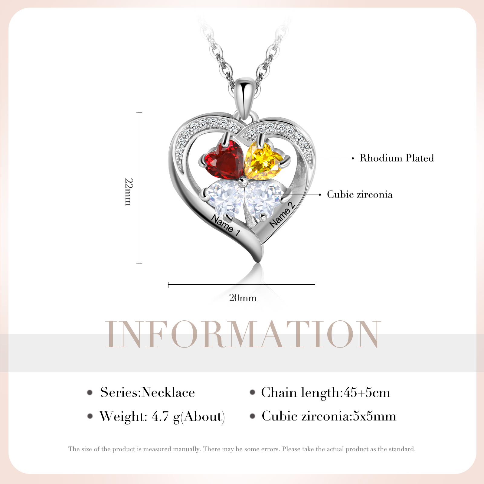 Personalised Heart Necklace with 2 Birthstones Engrave Names Family Necklace for Mom-Jessemade AU