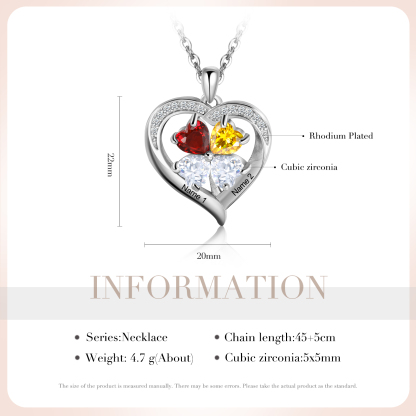 Personalised Heart Necklace with 2 Birthstones Engrave Names Family Necklace for Mom-Jessemade AU