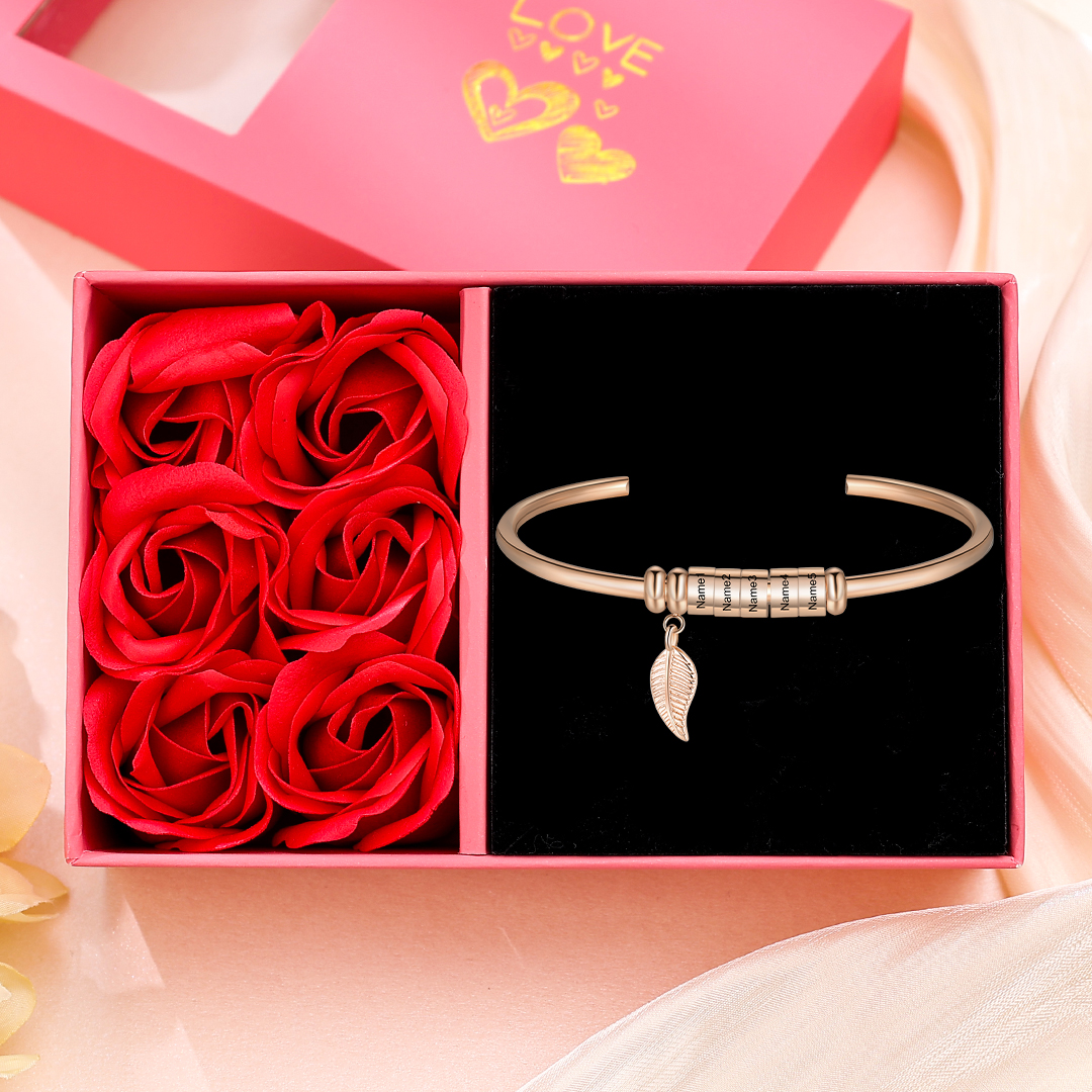 Women Bangle Bracelet with Leaf and Beads Engraved 5 Names Rose Gifts for Mother-Jessemade AU