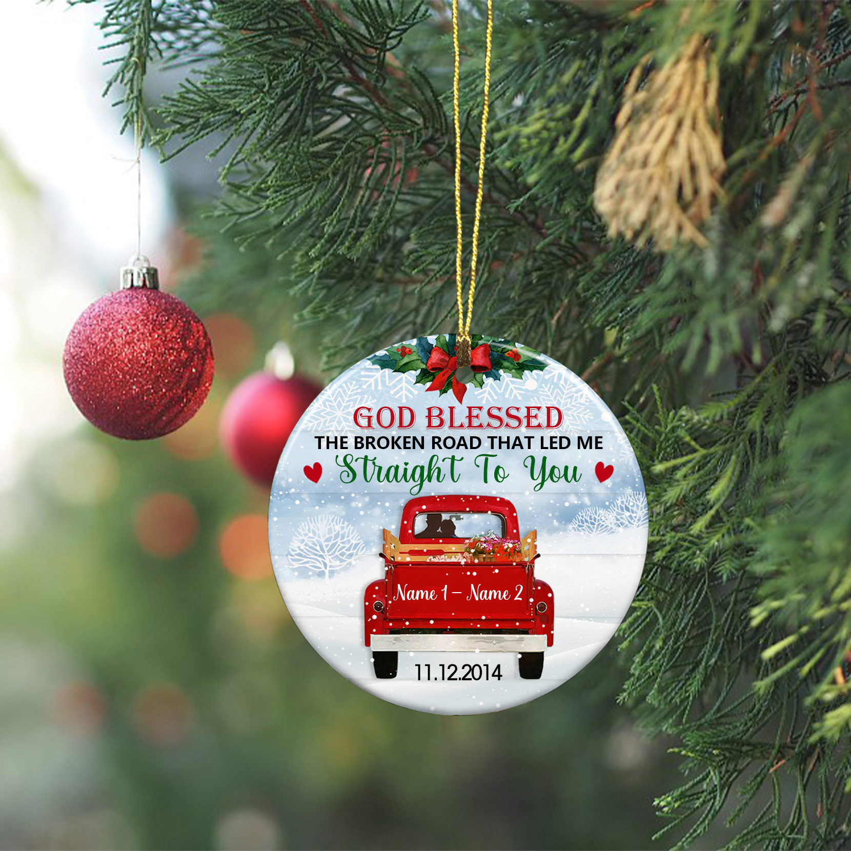 2 Names - Personalised Wooden Christmas Ornaments Customised Name & Date Couple Red Truck Christmas Circle Ornament-Jessemade AU