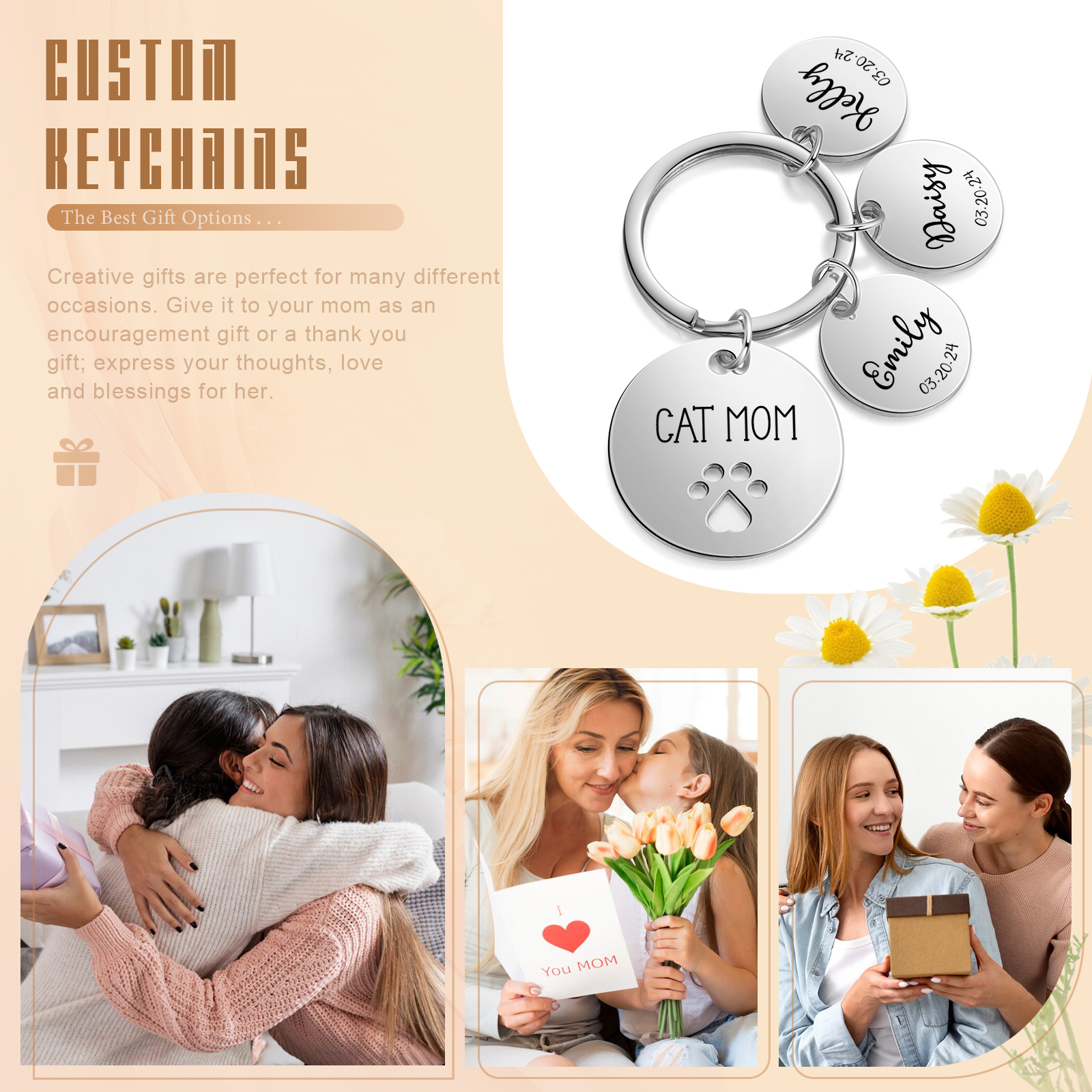 Personalised 3 Names & 3 Dates & 1 Text Keychain Cat Paw Circle Charm Keychain Gifts for Mother/Grandma-Jessemade AU