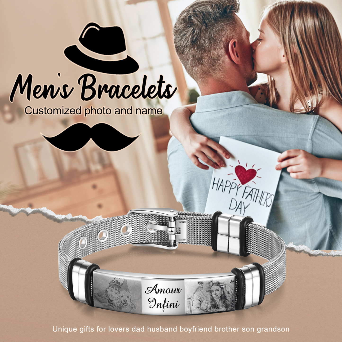 Personalised ID Bar Bracelet Engraved 2 Photos Men Women Bracelet-Jessemade AU
