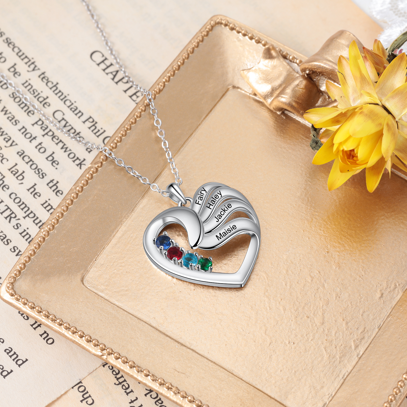 Customised Heart Necklace With 4 Birthstones Engraved Names Family Necklace Gifts for Her-Jessemade AU