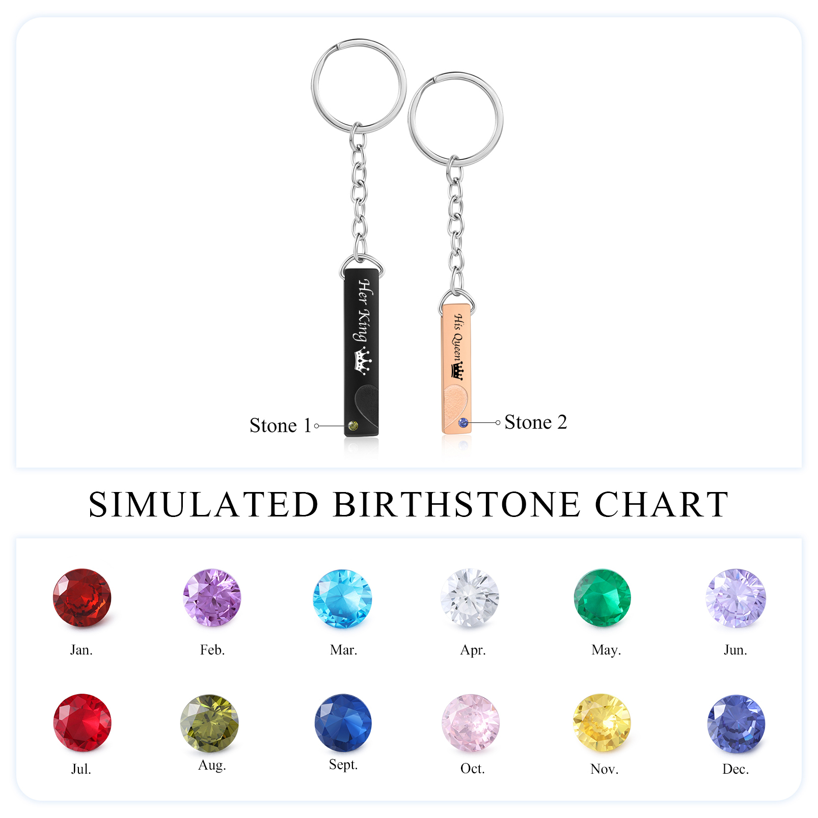 2 PCS Couple Keychain Set Customised with Texts & Birthstones Keychain Crown Gift for Couples-Jessemade AU
