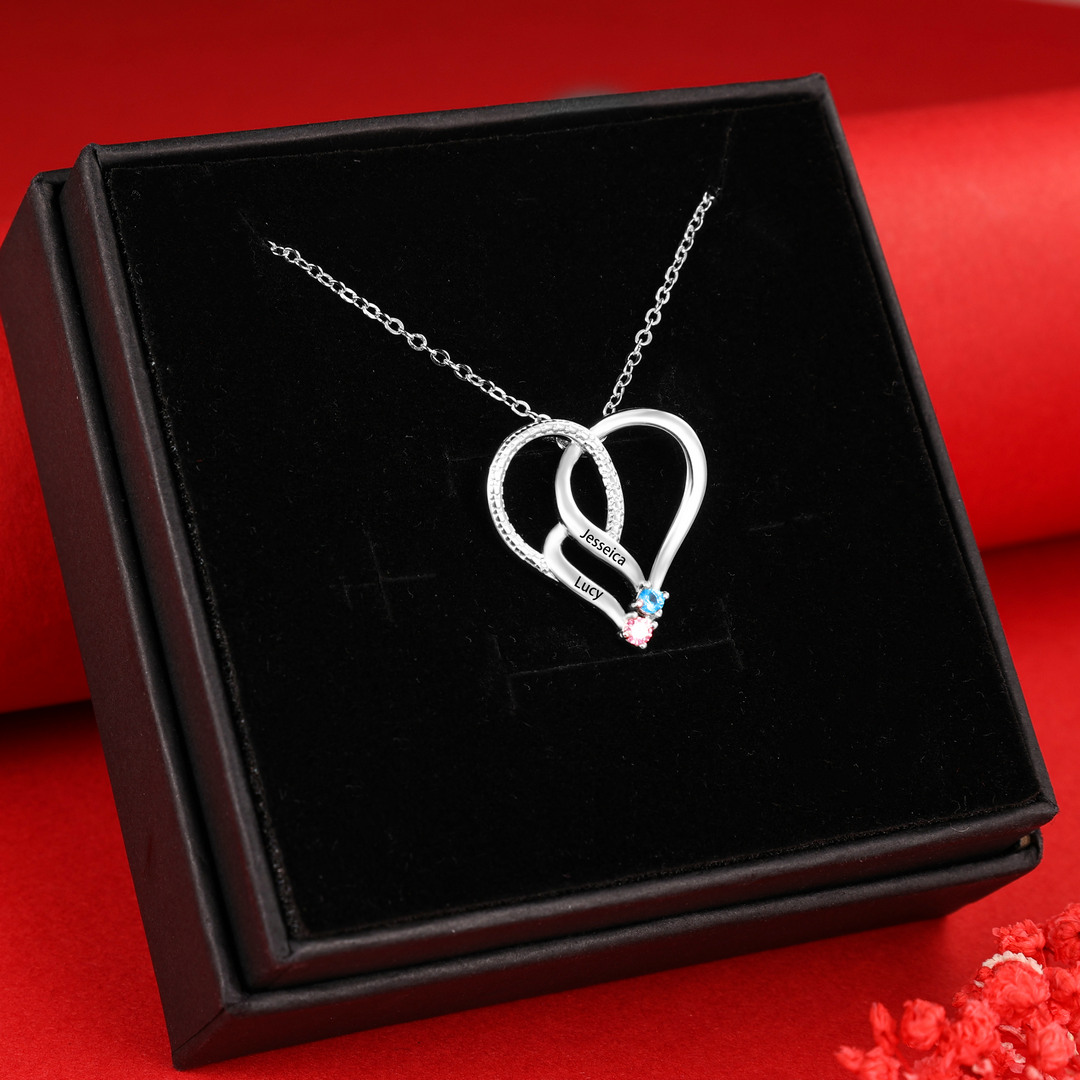 Personalised Heart Necklace With 2 Birthstones Engraved Names Gift For Her-Jessemade AU