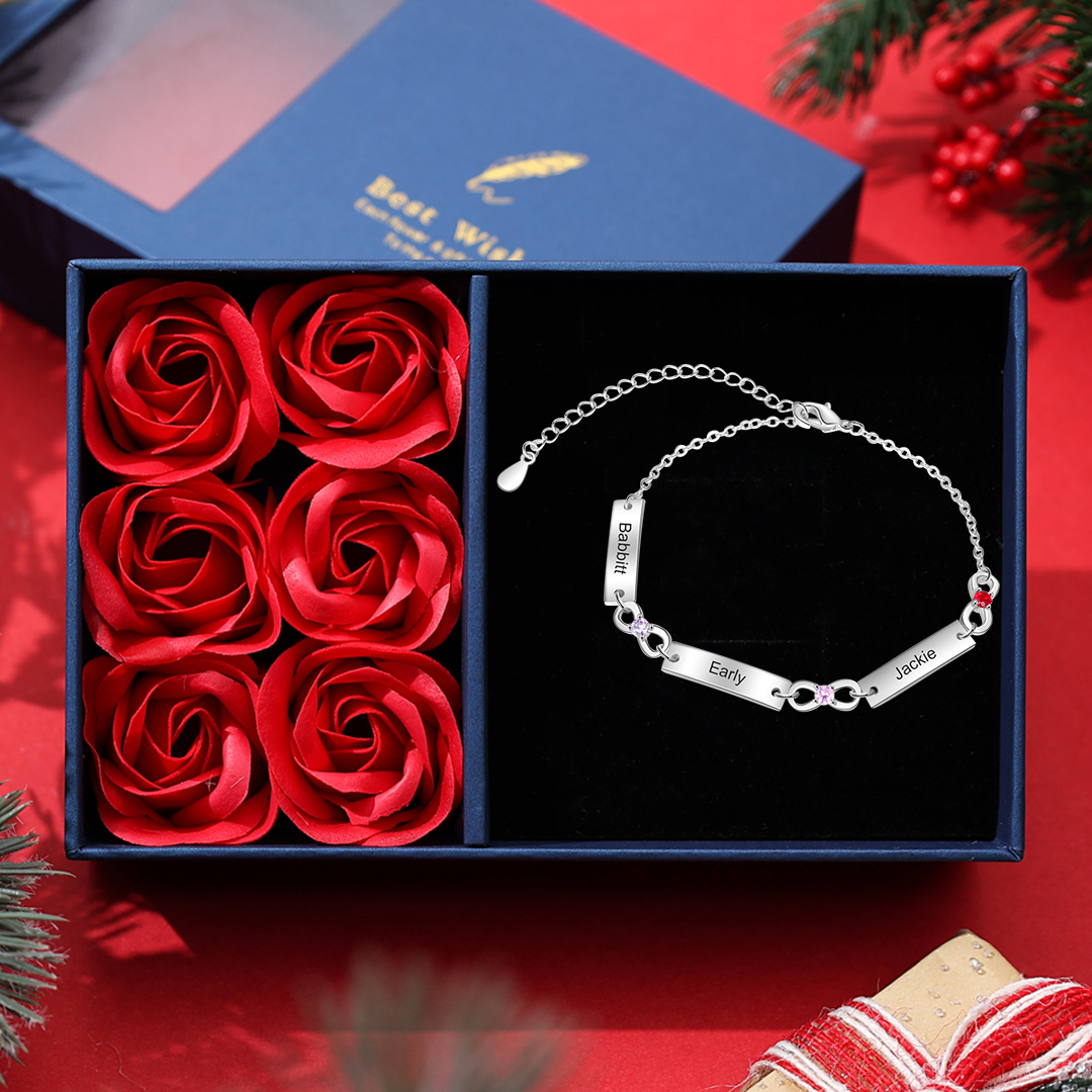 Personalised Bracelet With 3 Birthstones Engraved Names Bracelet Gift For Women-Jessemade AU