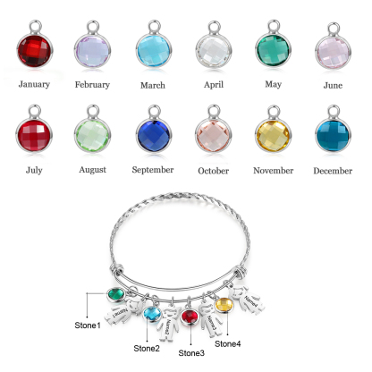 Personalised Kid Charms Bangle Bracelet With Names Customised 4 Birthstones Gift for Her-Jessemade AU