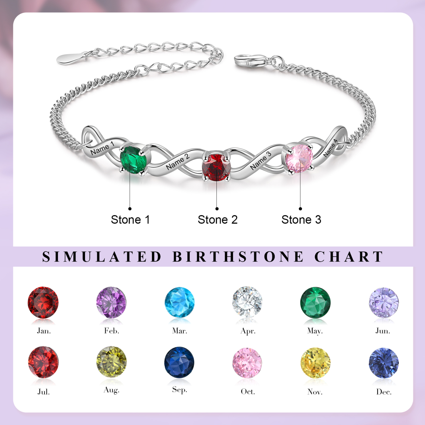 Personalised Infinity Bracelet Custom 3 Birthstones & 4 Names Bracelet Birthday Gift for Her-Jessemade AU