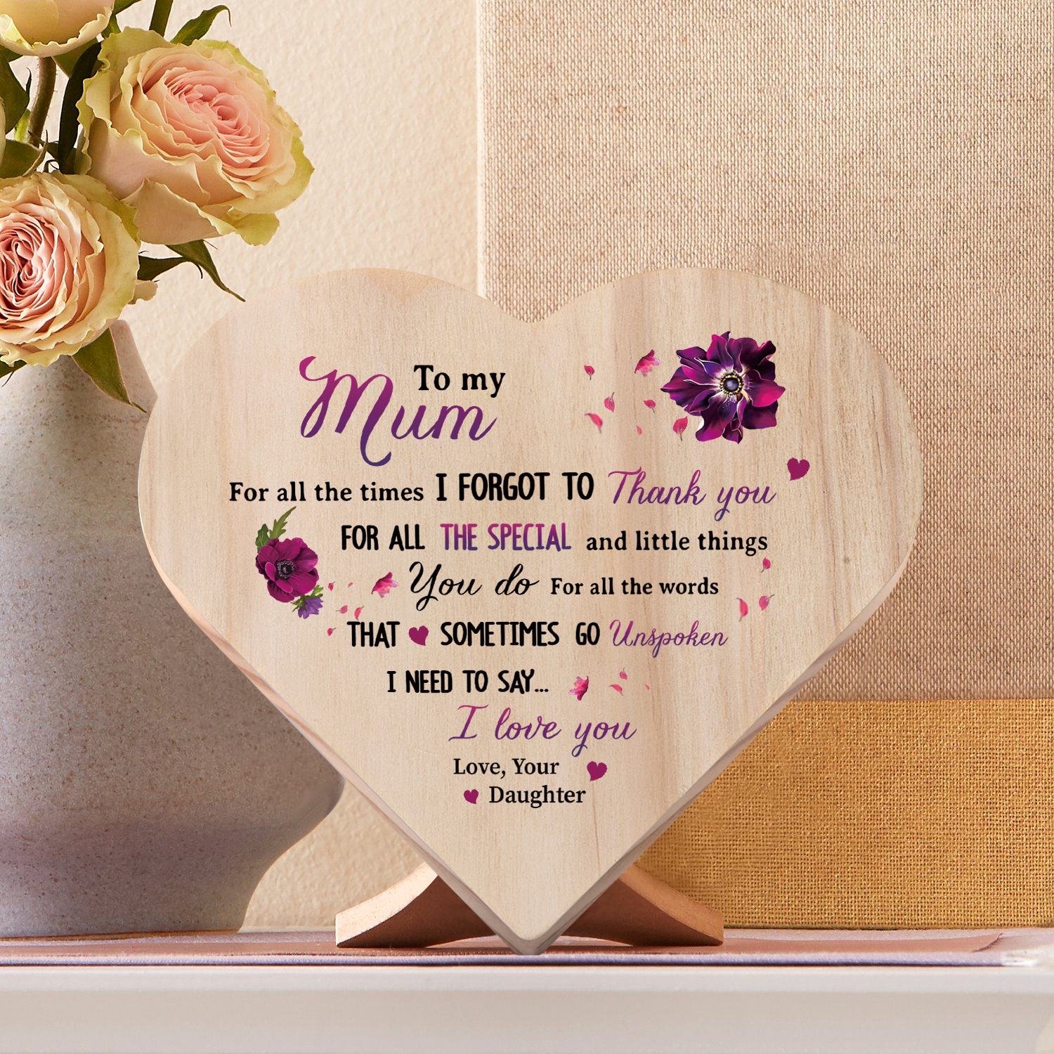 To My Mum Violet Wooden Heart Keepsake Desktop Ornament "For all the times I forgot to thank you" Mothers Gifts-Jessemade AU