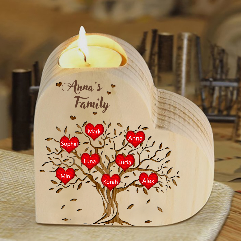 To My Family Wooden Heart Candle Holder Custom 8 Names Family Tree Candlesticks-Jessemade AU