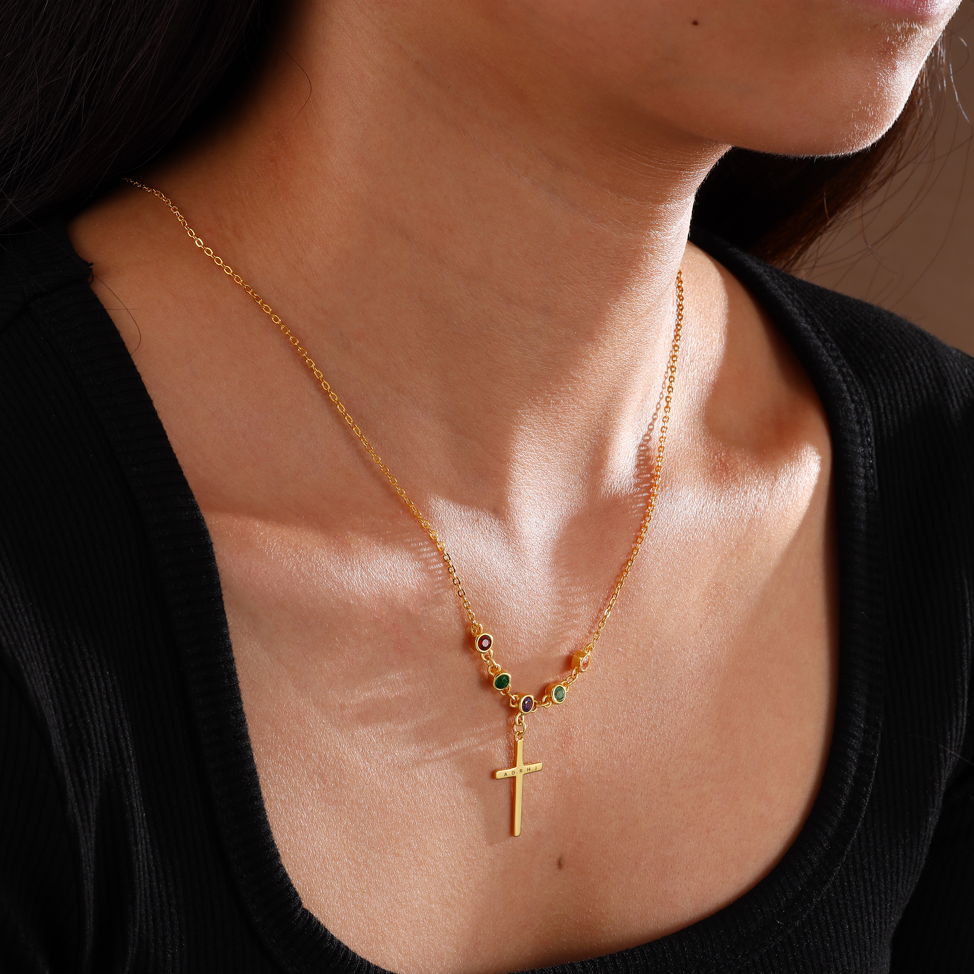 Personalised Cross Pendant Necklace Custom 5 Birthstones & 1 Text Necklace Birthday Gift for Her-Jessemade AU