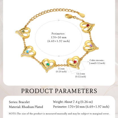 6 Names - Personalised Heart Bracelet Custom Names & Birthstones Bracelets Valentine's Day Gift For Her-Jessemade AU