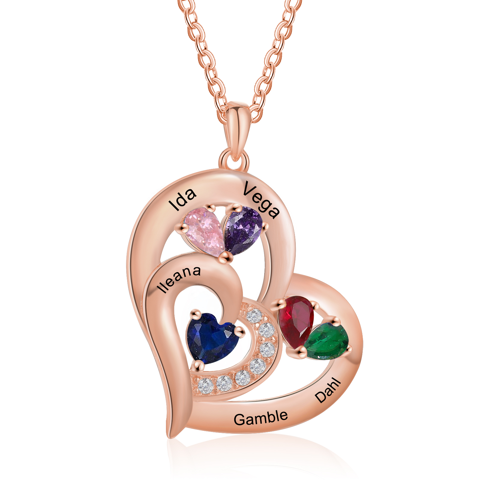 5 Names - Personalised Heart Pendant Necklace Customised Names & Birthstones Necklace Birthday Gift for Her-Jessemade AU