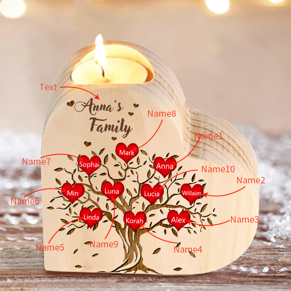 To My Family Wooden Heart Candle Holder Custom 9 Names Family Tree Candlesticks-Jessemade AU