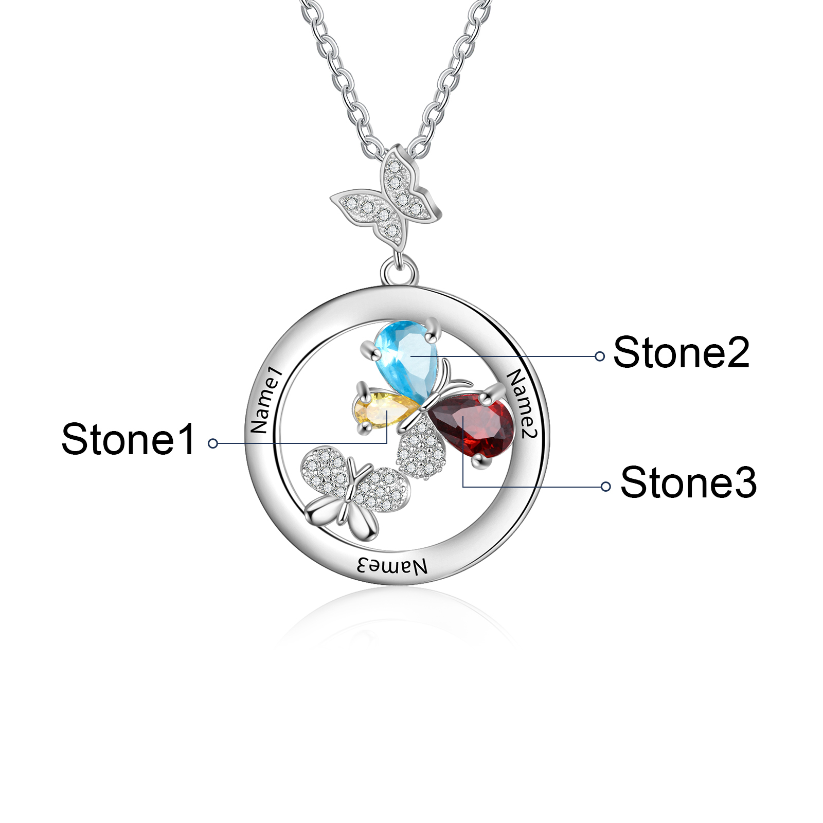Personalised Butterfly Necklace With 3 Birthstones Custom Names Best Gift For Her-Jessemade AU