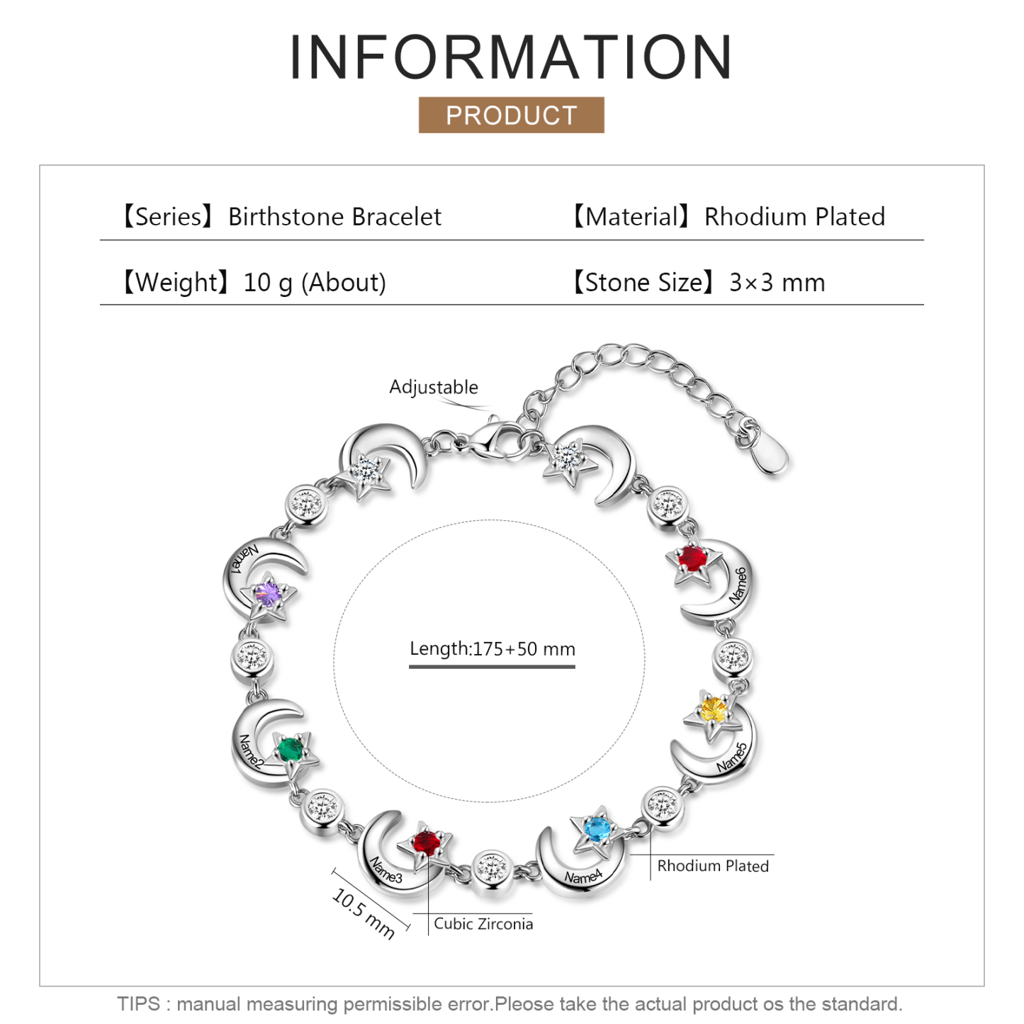 Personalised Moons And Stars Bracelet With 6 Birthstones Custom Names Bracelet Gift For Women-Jessemade AU
