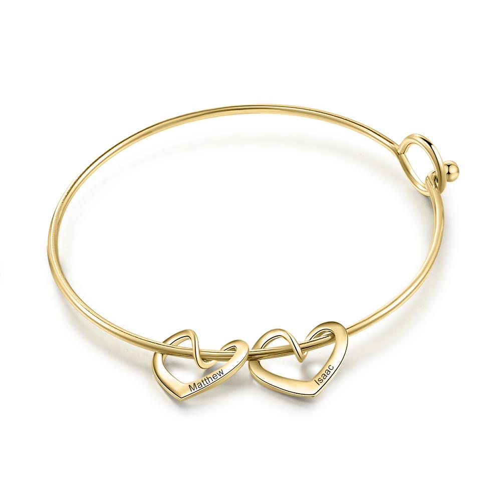 Personalised Love Bracelet with 2 Heart Charms Engraved Name Bangle Bracelet-Jessemade AU