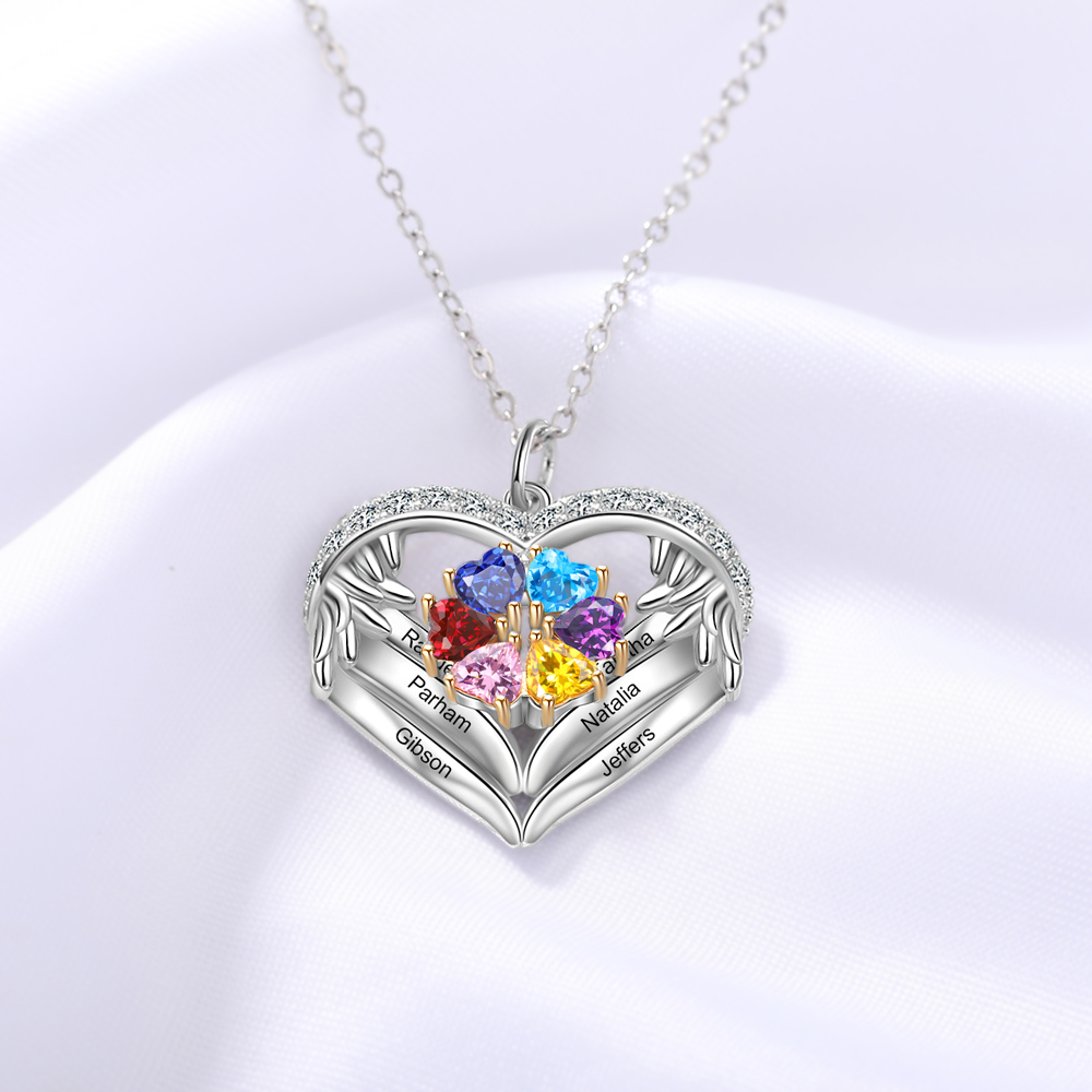 Personalised Wings Necklace With 6 Heart Birthstones Engraved Names Gift For Women-Jessemade AU