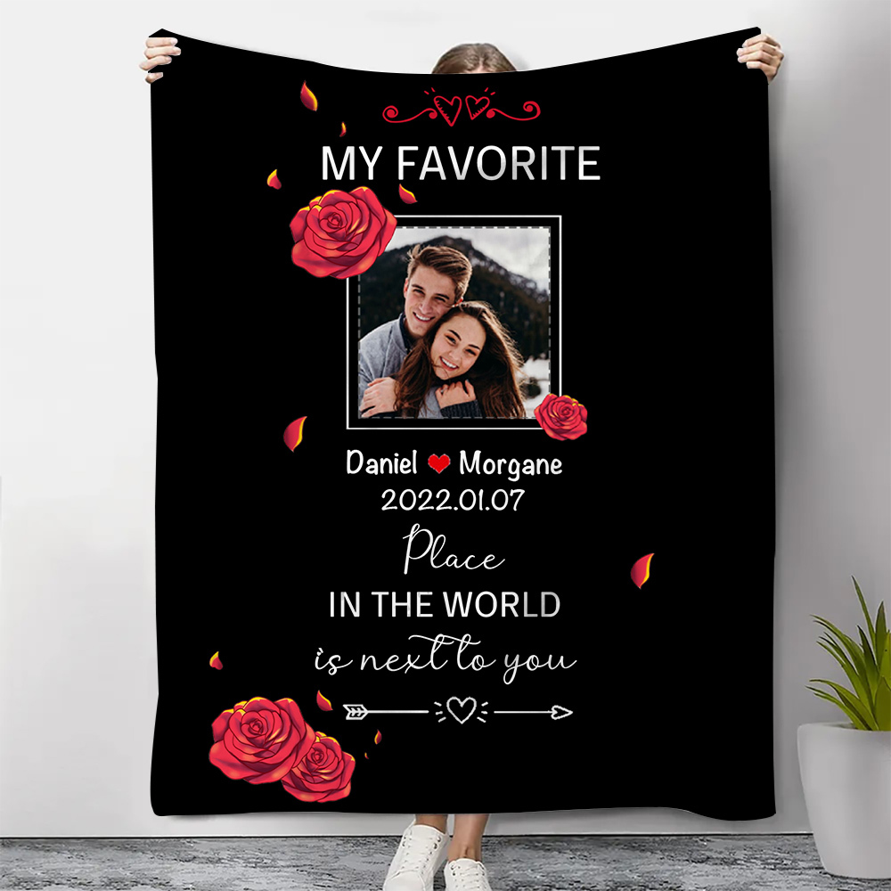Couple Rose Blanket Customised 2 Names & Date & Photo Blanket Valentine's Day Gifts - My Favourite Place in The World is Next to You-Jessemade AU
