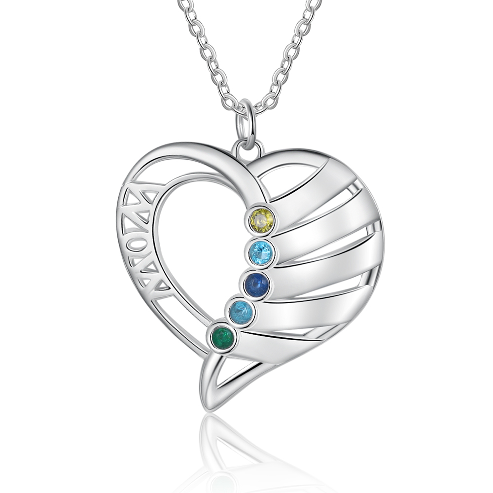 Personalised Heart Necklace With 5 Birthstones Engraved Names Gift For Mother-Jessemade AU