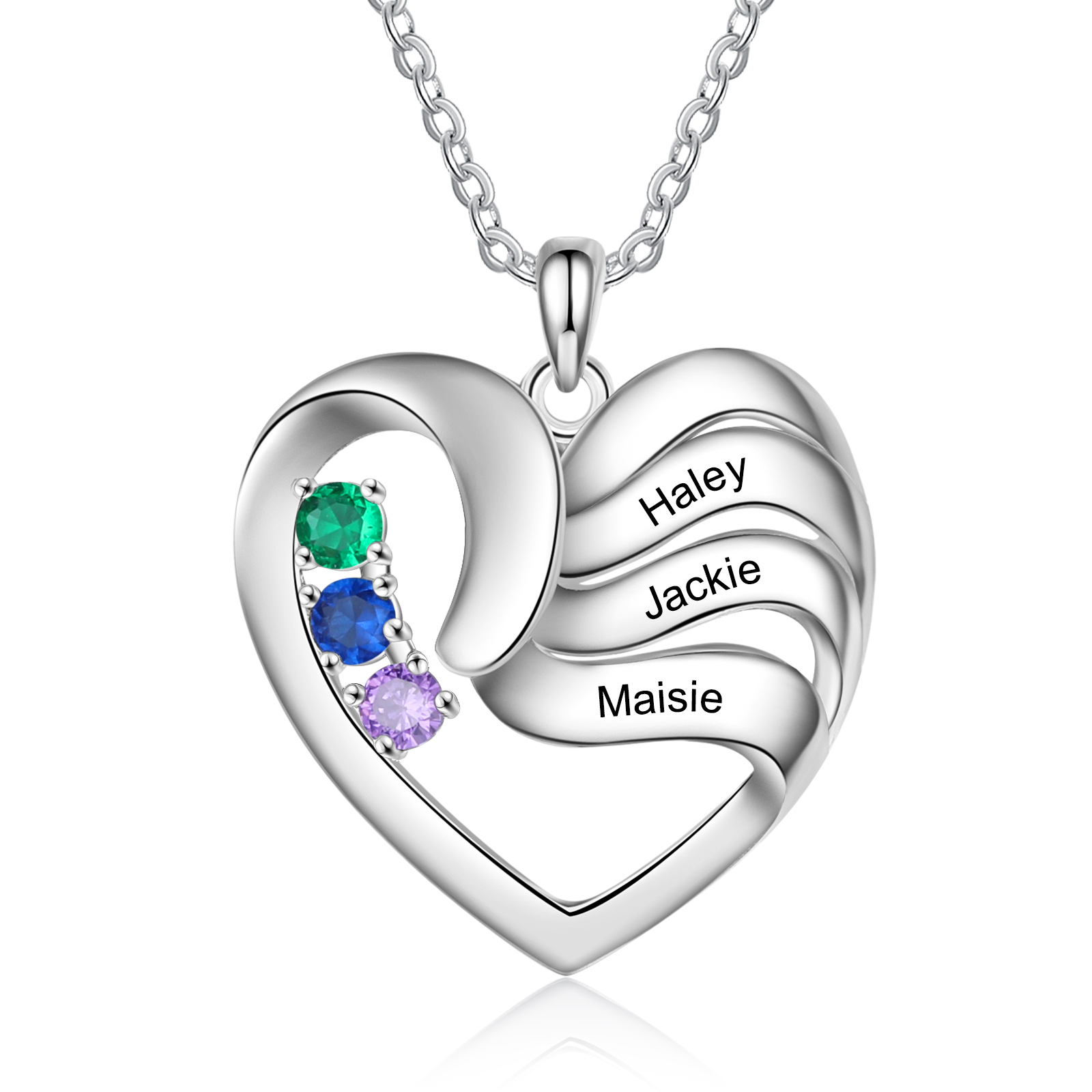 Customised Heart Necklace With 3 Birthstones Engraved Names Family Necklace Gifts for Her-Jessemade AU