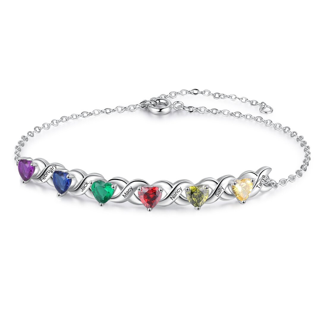 Family Custom Bracelet Heart Personalised with 6 Birthstones Gift Box Set-Jessemade AU