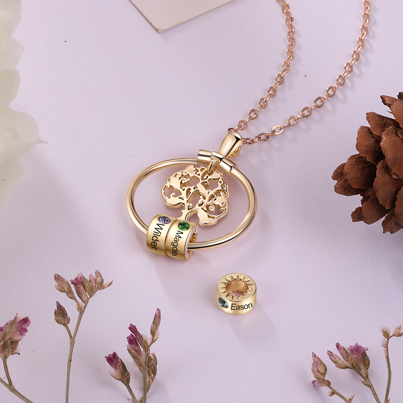 Personalised Family Tree Necklace With 2 Birthstones Engraved Names Gift For Mother-Jessemade AU