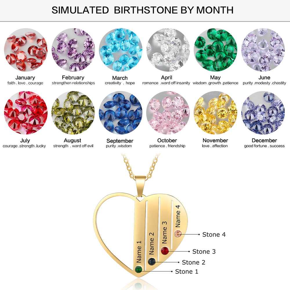 Personalised Heart Necklace With 4 Birthstones Engraved Names Gift For Her-Jessemade AU