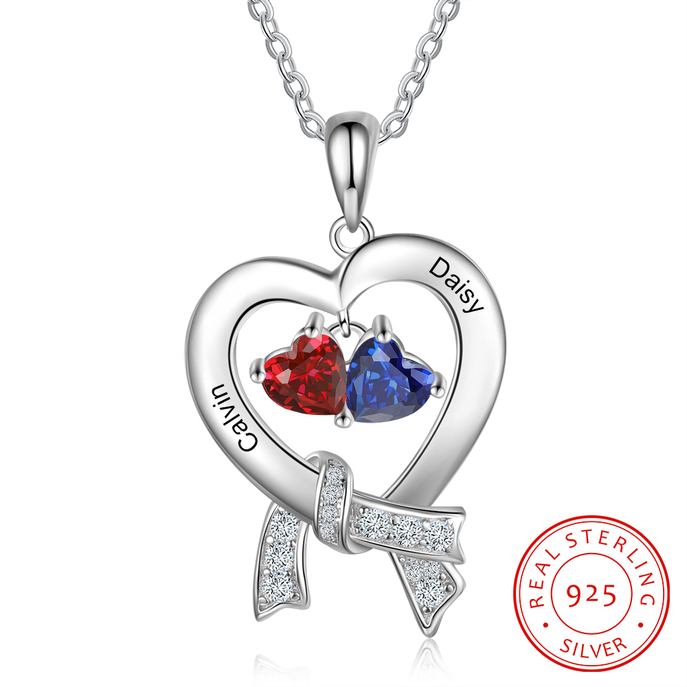 Personalised Heart Necklace With 2 Birthstones Custom Names Best Gift For Women-Jessemade AU