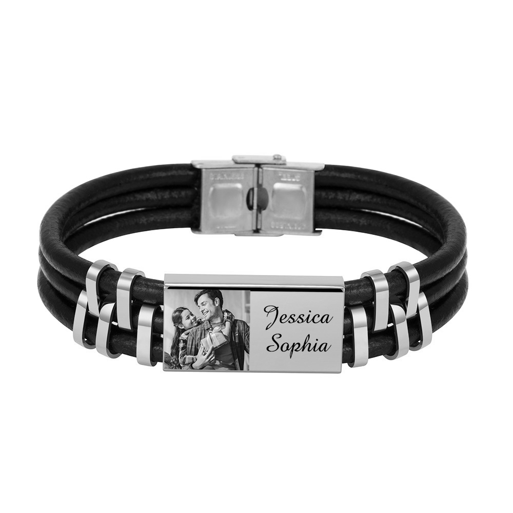 Personalised Leather Bracelet Custom Photo Initial ID Bar Men's Bracelet Bangle Gifts For Him-Jessemade AU