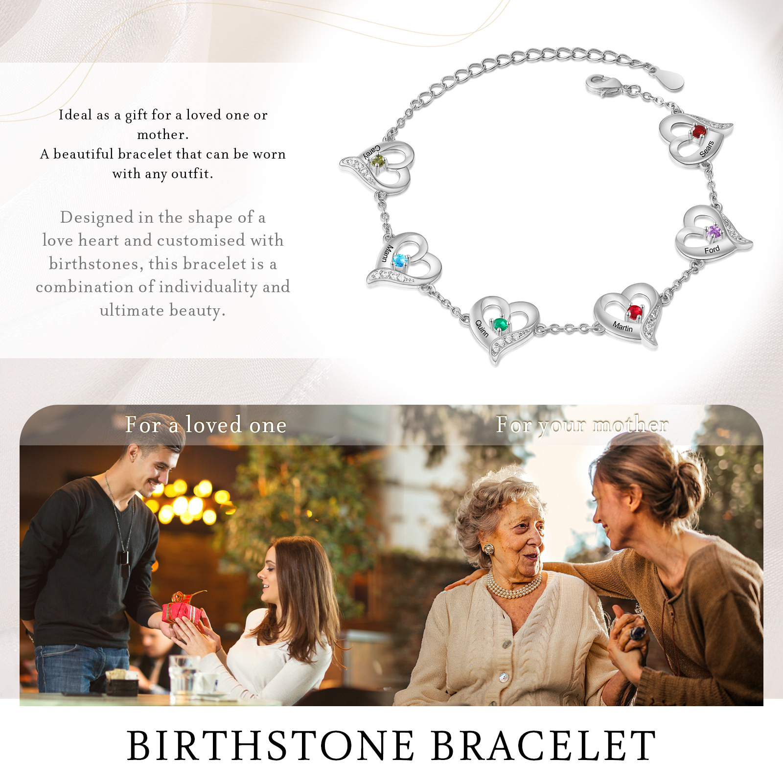 6 Names - Personalised Heart Bracelet Customised Names & Birthstones Bracelets Silver Valentine's Day Gift For Her-Jessemade AU