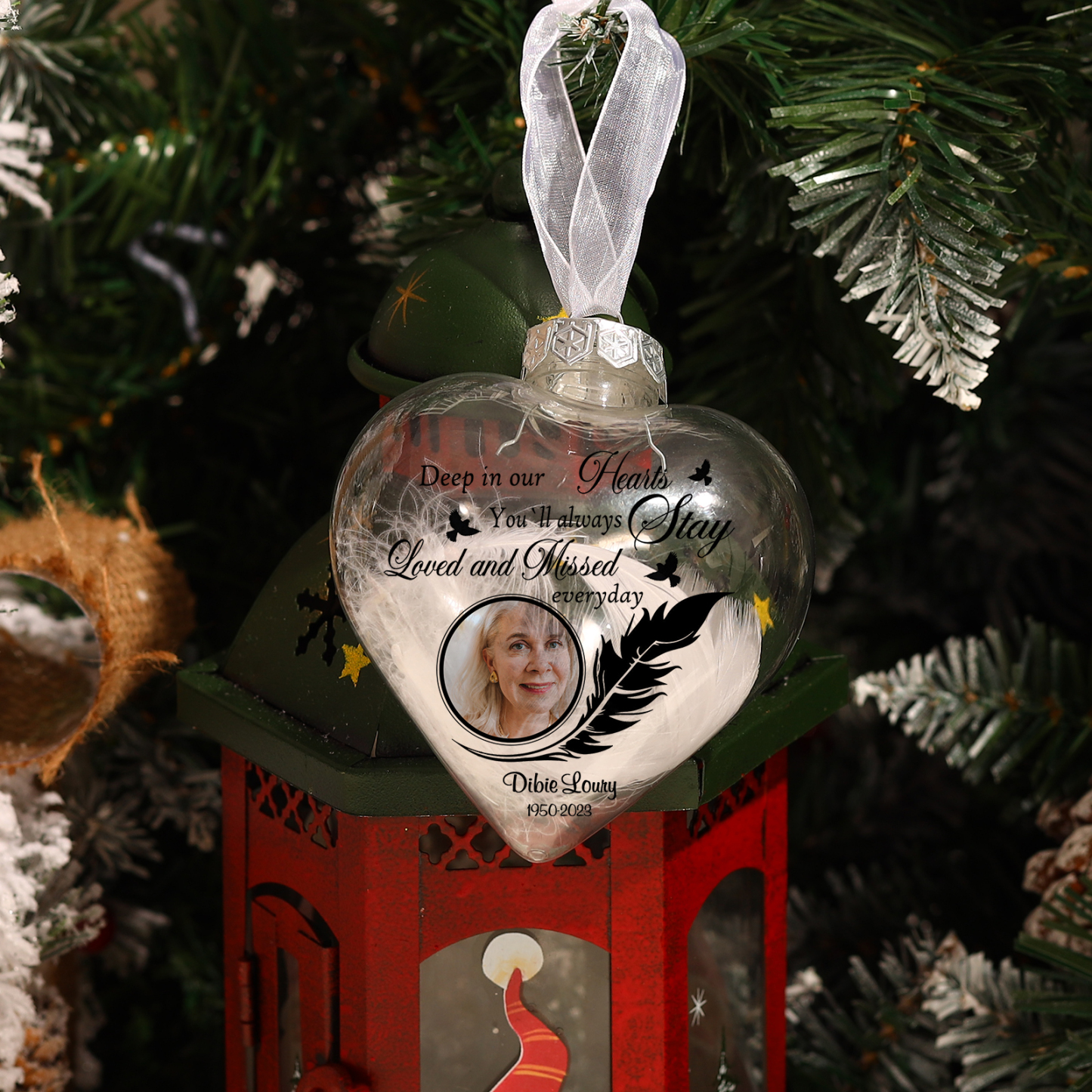 Heart-shaped Memorial Christmas Ornaments Custom Name & Date & Photo Feather Ornament Commemorate Deceased Loved Ones-Jessemade AU