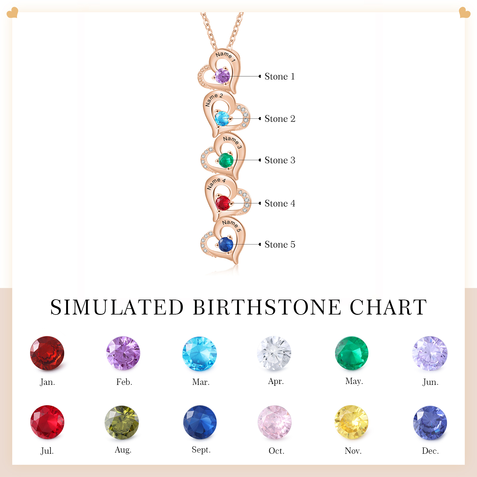 5 Names - Personalised Heart Pendant Necklace Custom Birthstones & Names Necklace Birthday Gift for Her-Jessemade AU